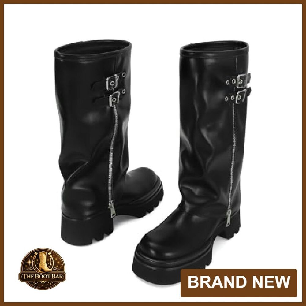 Platform Slouchy Boots Wide Calf Fold Over Ruched Round Toe Riding - Picture 5 of 7